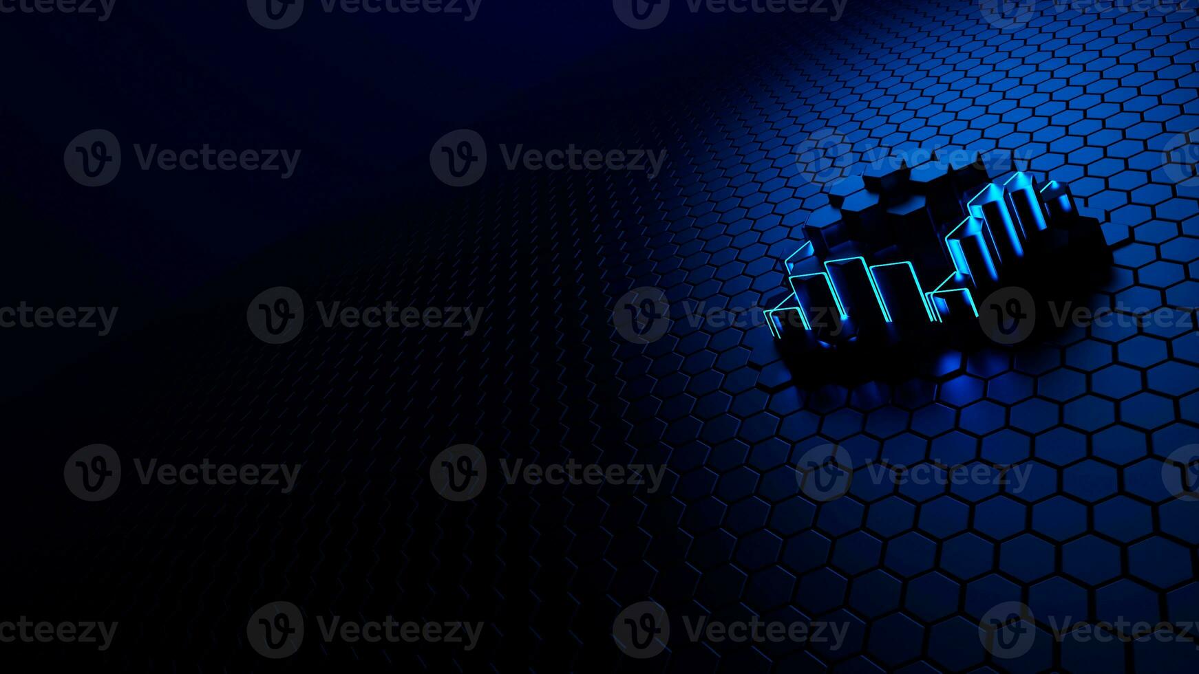 hexagonal 3d rendering with blue glowing neon sticks photo