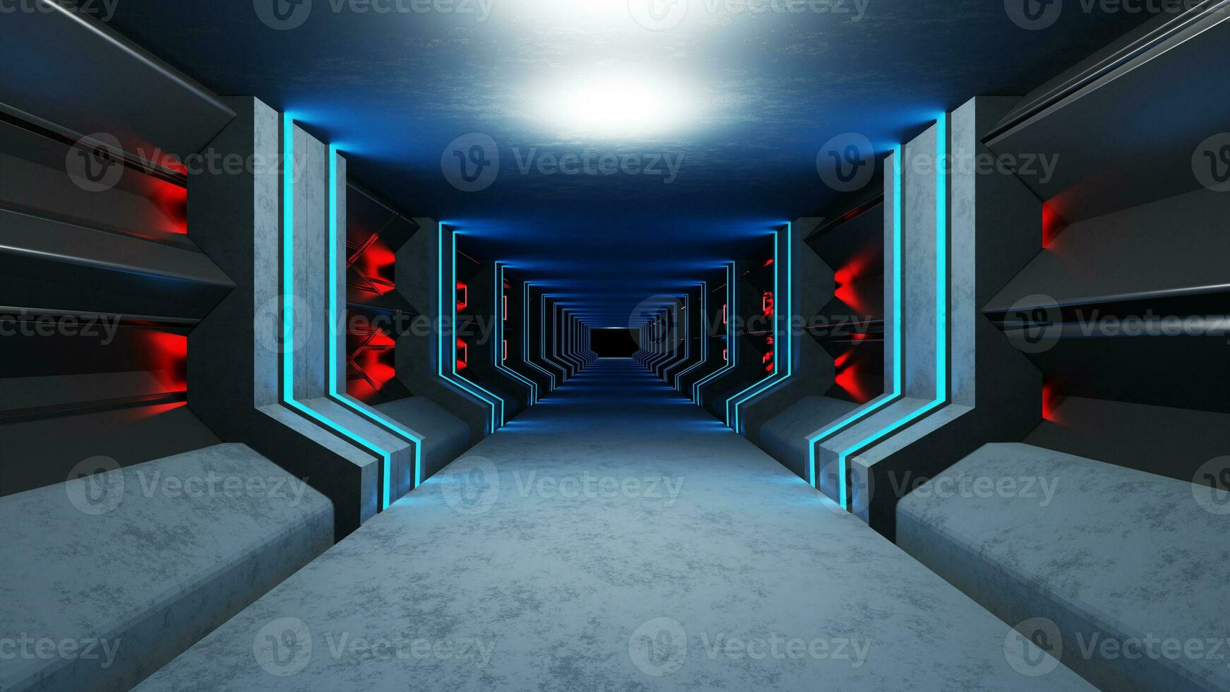 The neon blue airlock tunnel glows around the corridor on the reflective concrete floor. photo