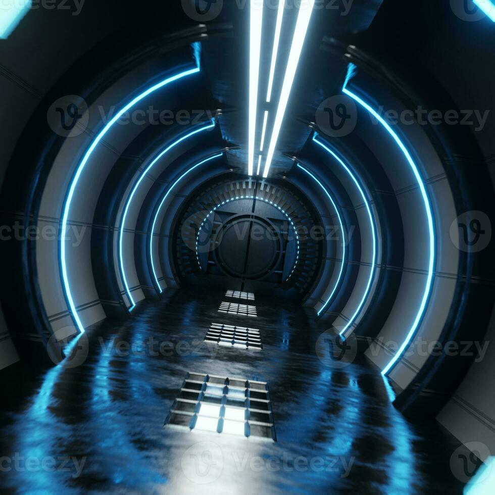 The neon blue airlock tunnel glows around the corridor on the reflective concrete floor. photo