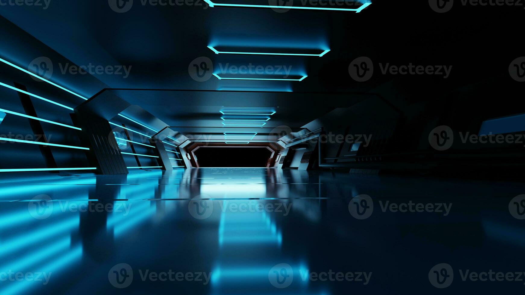 The neon blue airlock tunnel glows around the corridor on the reflective concrete floor. photo