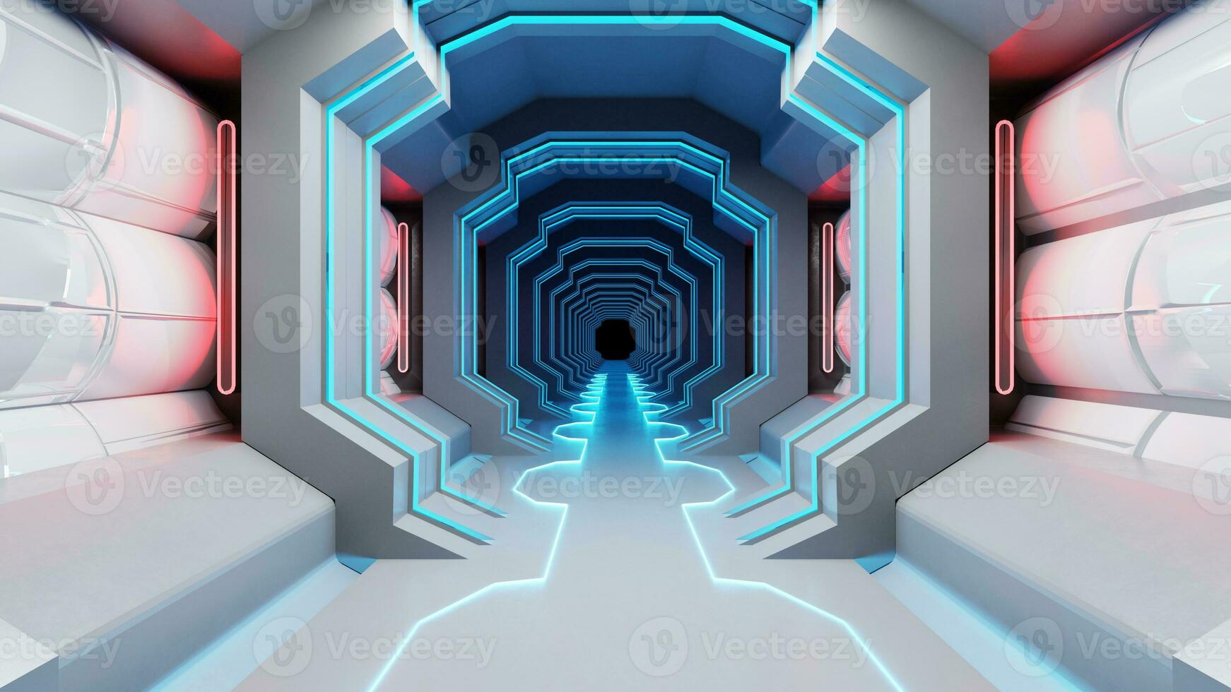 The neon blue airlock tunnel glows around the corridor on the reflective concrete floor. photo