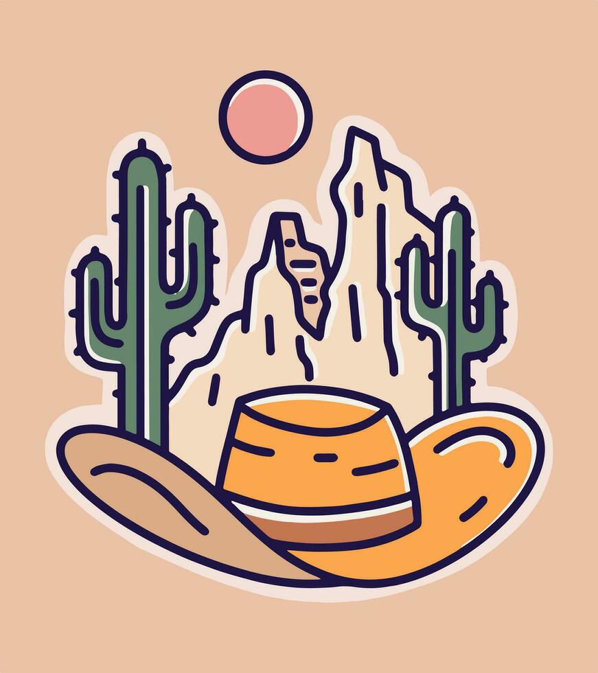 Desert and cactus design with cowboy hat mono line art design for t-shirt, badge, patch, sticker, etc vector