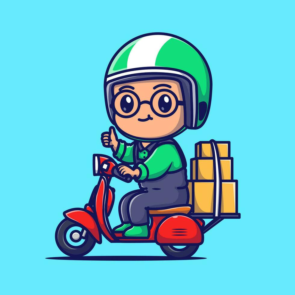 linda mensajero entrega paquete dibujos animados vector icono ilustración. personas transporte icono concepto aislado prima vector. plano dibujos animados estilo