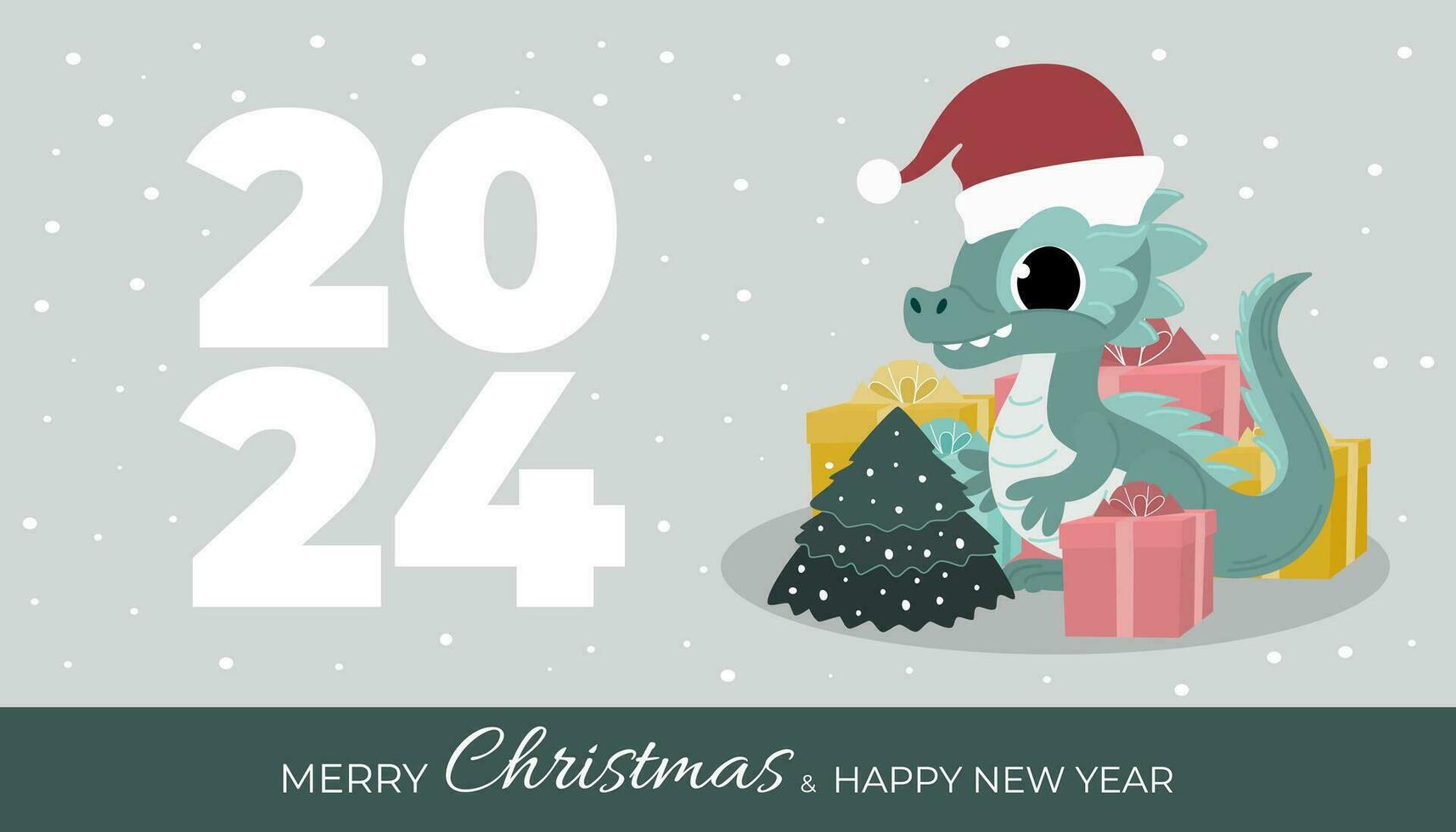 New Year and Christmas banner. Dragons in Santa Claus hats with gifts. Vector illustration.