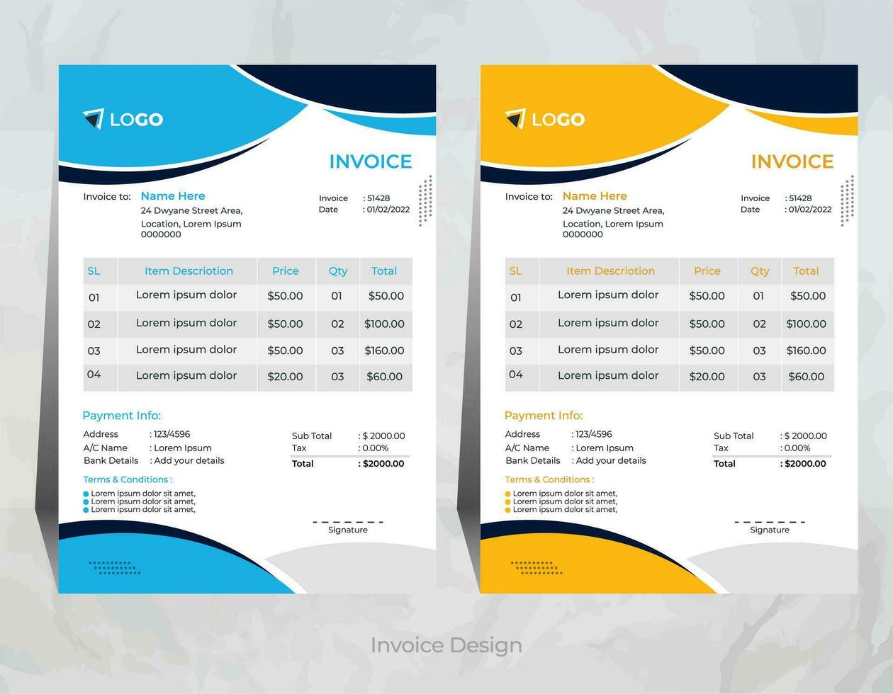 Vector creative and modern invoice design with 2 different color, corporate invoice design template,