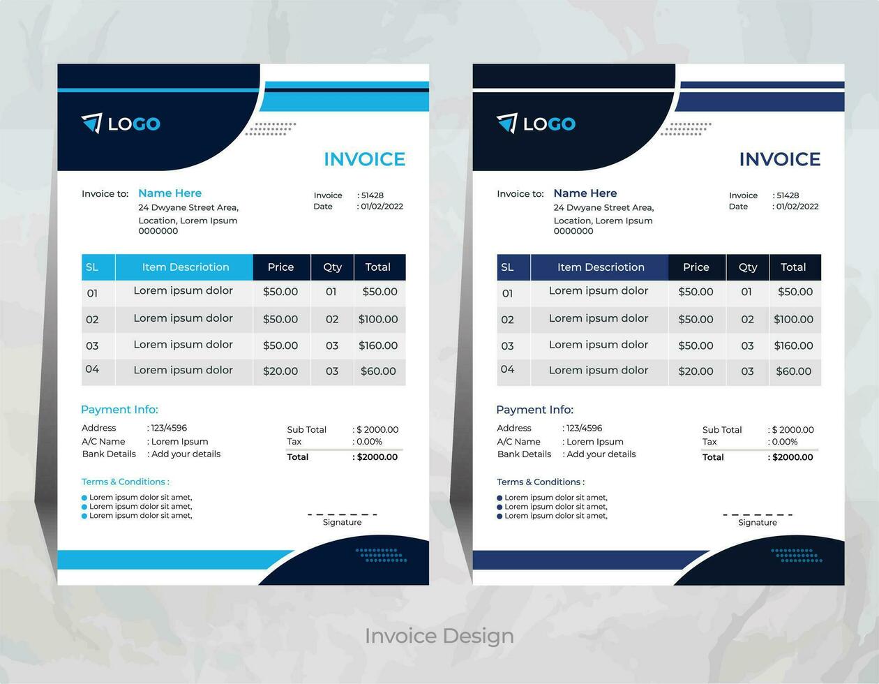 Vector creative and modern invoice design with 2 different color, corporate invoice design template,