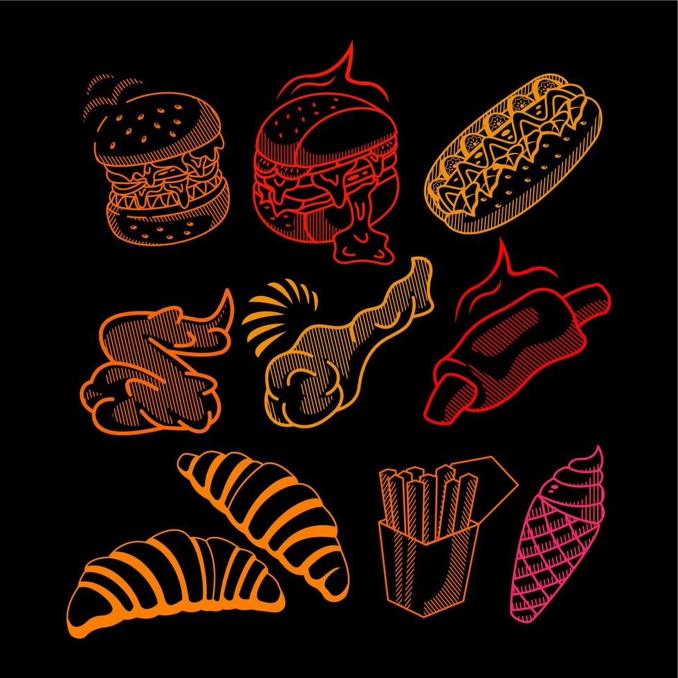 Fast food, burgers, hotdogs, fried chicken and fries vector