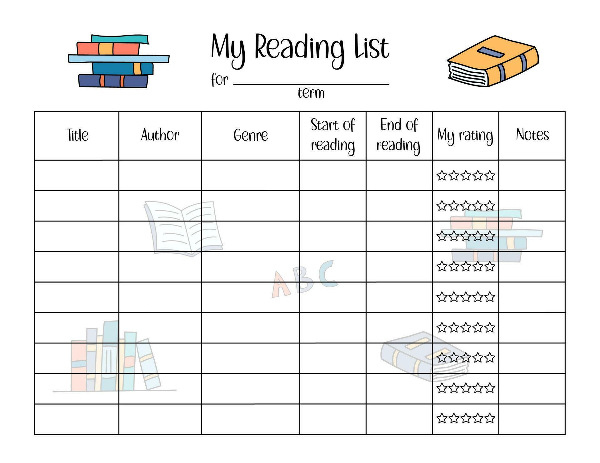 Reading List template. Books to read worksheet for kids. Vector blank