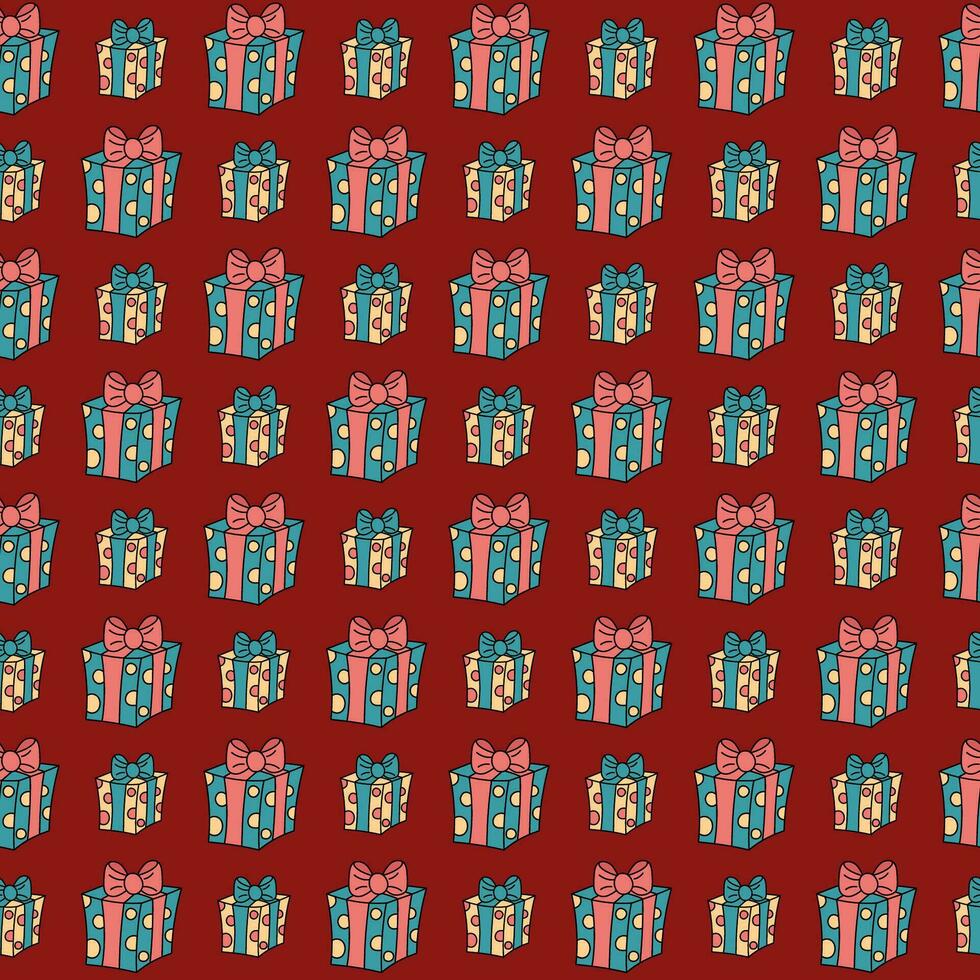 Christmas gifts pattern. Vector seamless background with cute doodle giftboxes. Festive Xmas, New Year, Birthday or other holidays pattern for wrapping, fabric. Illustration of cartoon present box