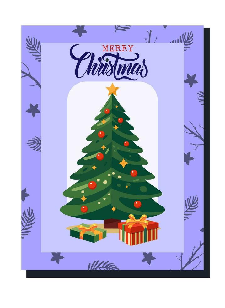 Christmas card, design christmas tree and box gifts for christmas with silhoutte stars and leaves on ice purple color background vector