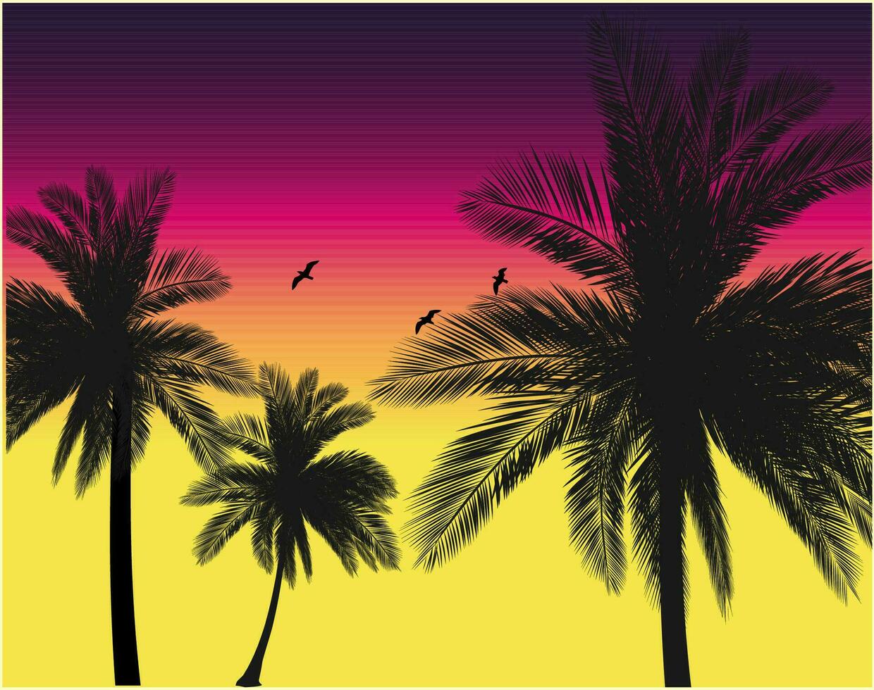 Palm trees silhoutte on sunset moment. Design of social media, banner, poster, newsletter, advertisement, leaflet, placard, brochure, wallpaper, t-shirt, flyer. vector