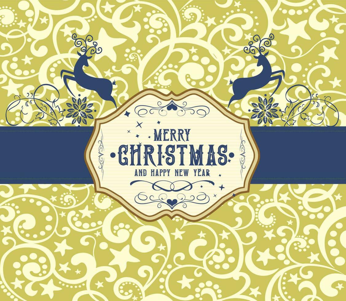 Christmas card, design dark blue retro raindeer and abstract ornaments christmas with gold background vector