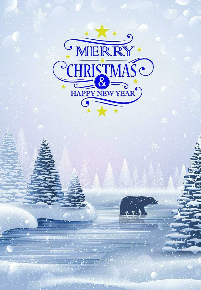 Christmas card with bear and snowflakes. Vector illustration