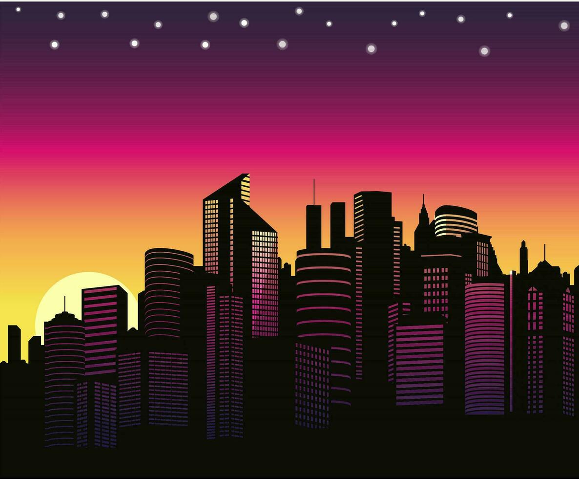 Panoramic city skyline at sunset with view light stars on sky. Vector background