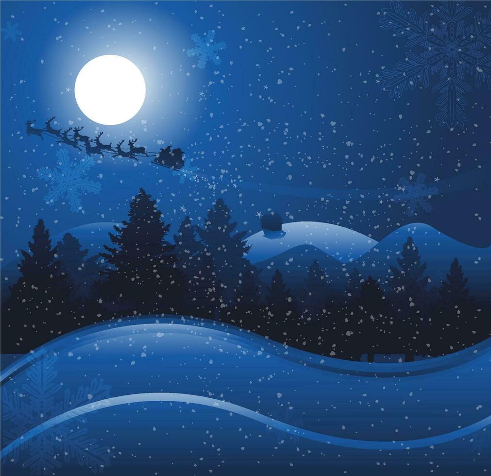 silhoutte Papa Noel claus y su trineo en azul Navidad noche. invierno paisaje con hermosa luz de la luna. vector