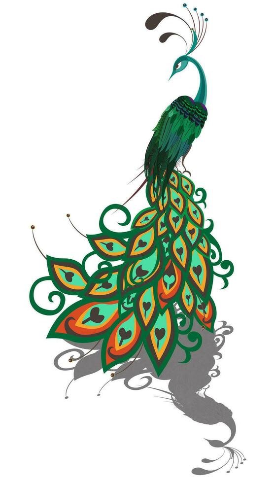 Beautiful embroidery style colorful bright peacock bird. Vector ornate white background illustration with multicolor exotic royal peacock.