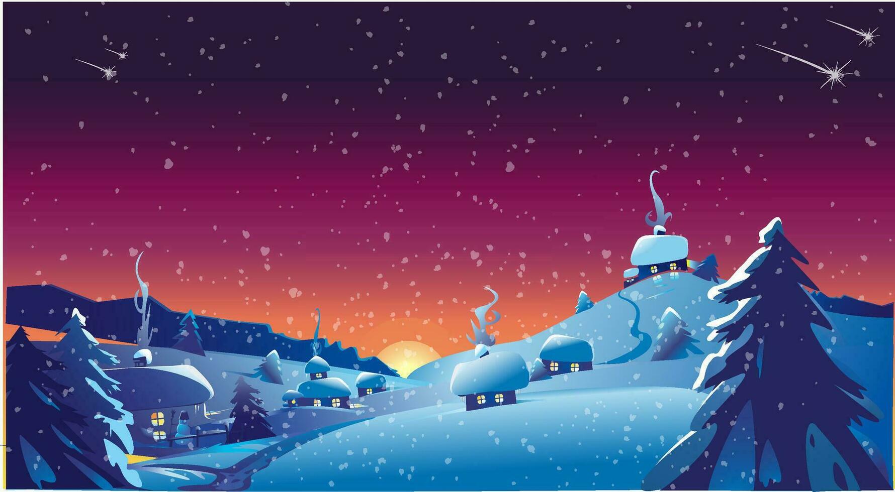 copos de nieve que cae desde cielo en el pueblo con hermosa puesta de sol. invierno es próximo. vector
