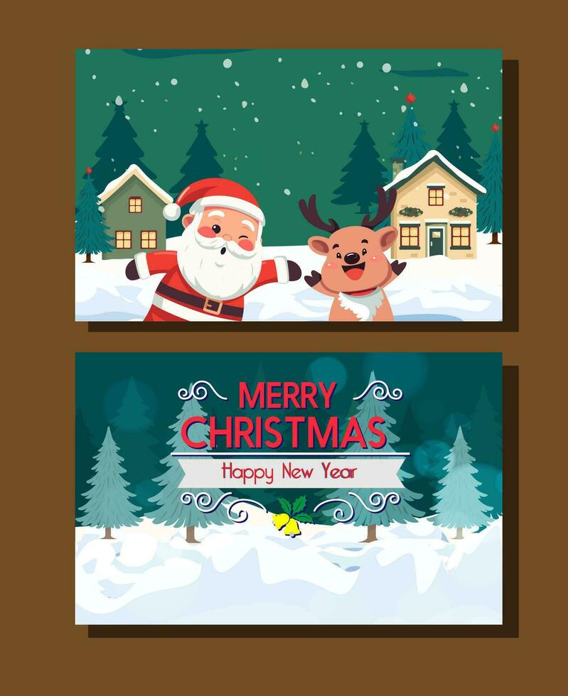 Merry christmas and new year card. Happy santa and deer cartoon at winter season. vector