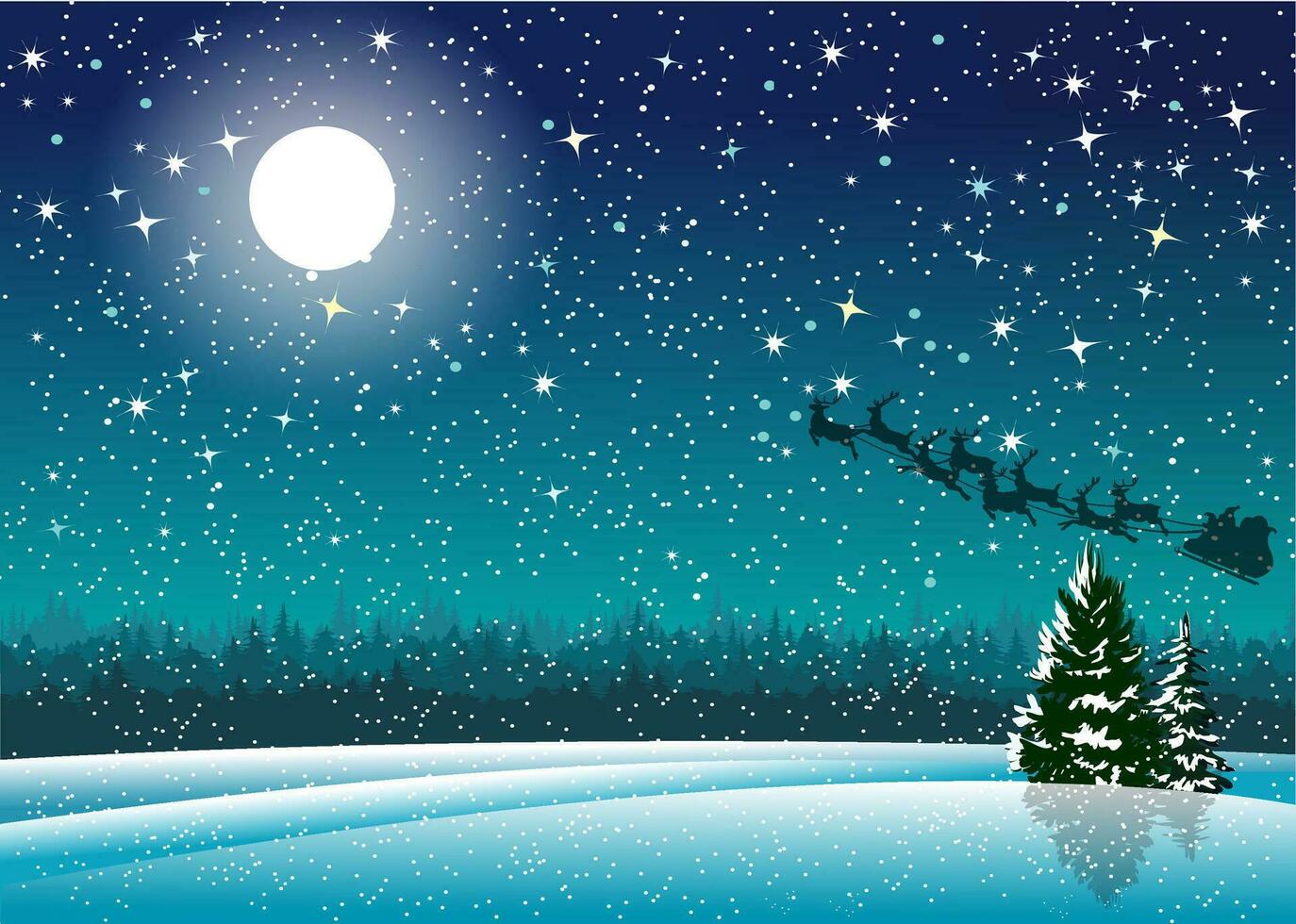 invierno luz de la luna con silhoutte Papa Noel claus y su trineo en azul Navidad noche vector