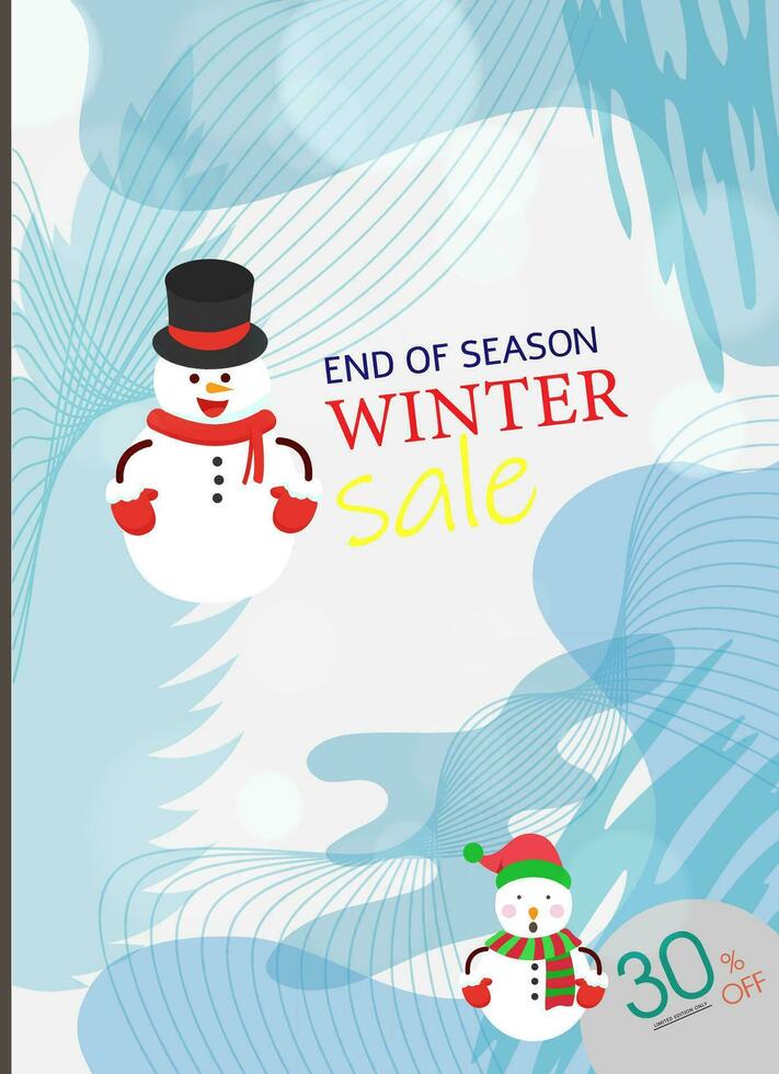 Winter sale promotion banner or poster with happy snowman on abstract blue shapes background. vector