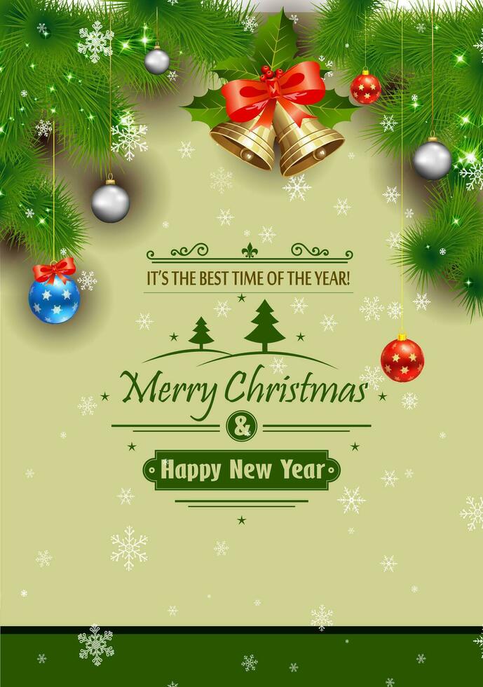 Christmas and new year card with decorated of fresh christmas ornament and snowflakes on grey background. vector