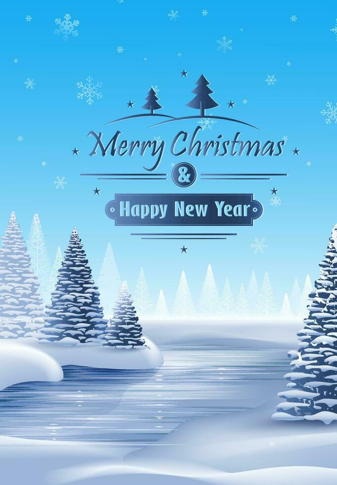 Christmas and new year card with freeze of river and forest. Snowflakes make to feel cold winter season. vector