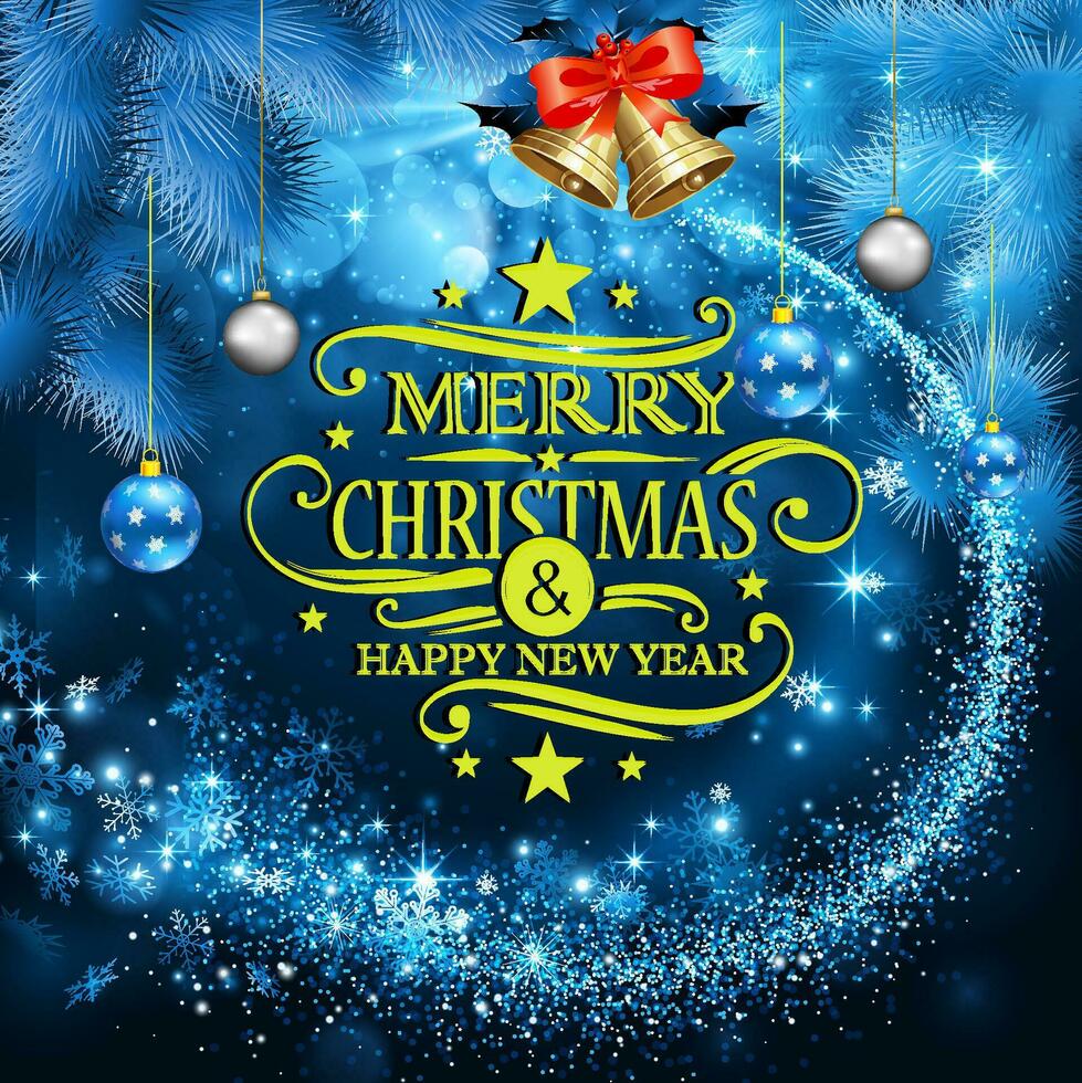 Christmas and new year card with decorated of christmas ornament and springkle stars on dark blue background. vector