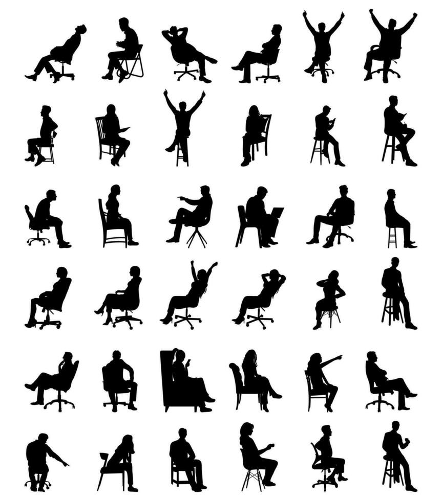 colección de silueta vector ilustraciones de chico y niña son sentado en sillas