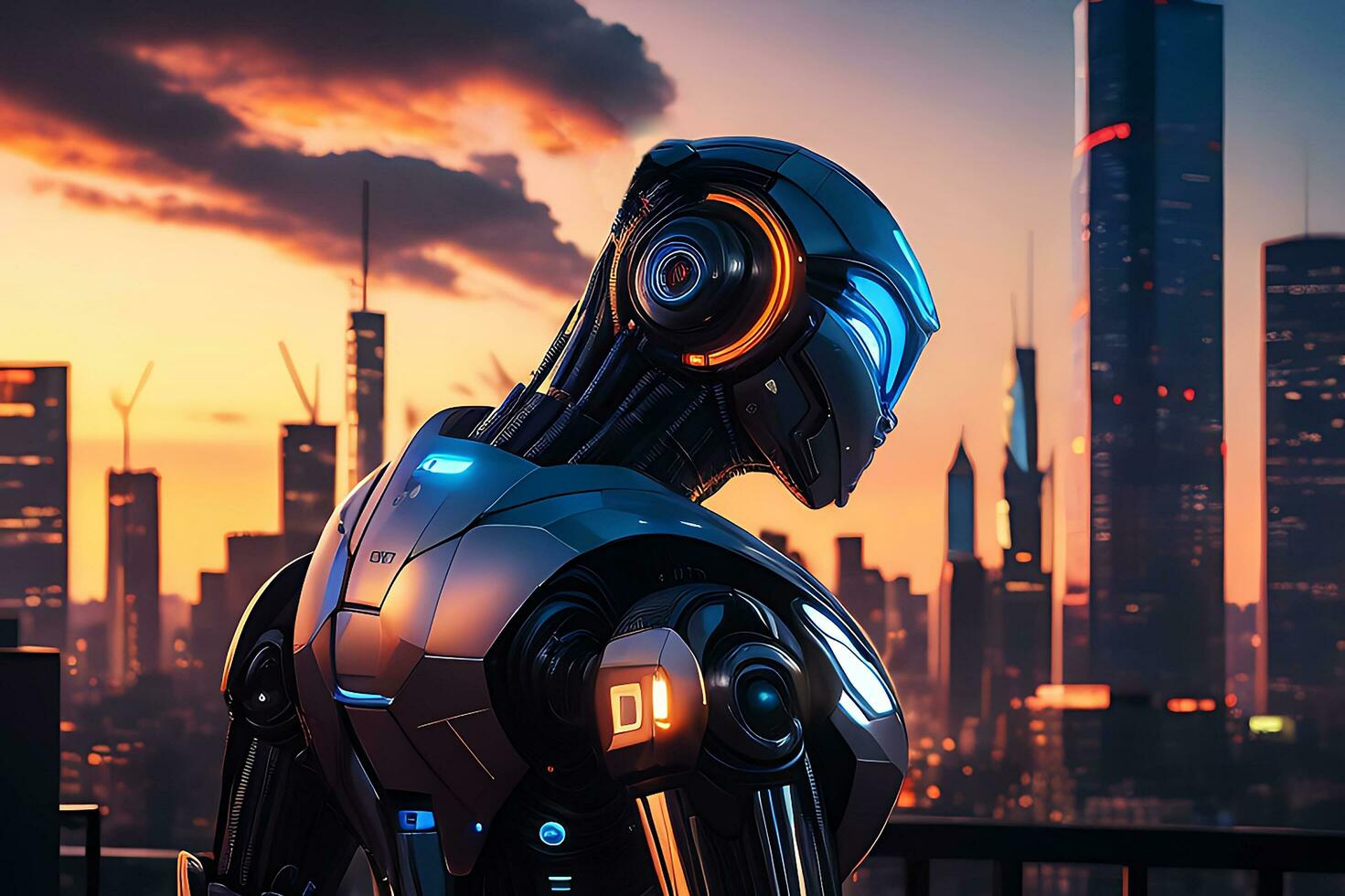 AI Awakening Futuristic Robot in Twilight Cityscape photo