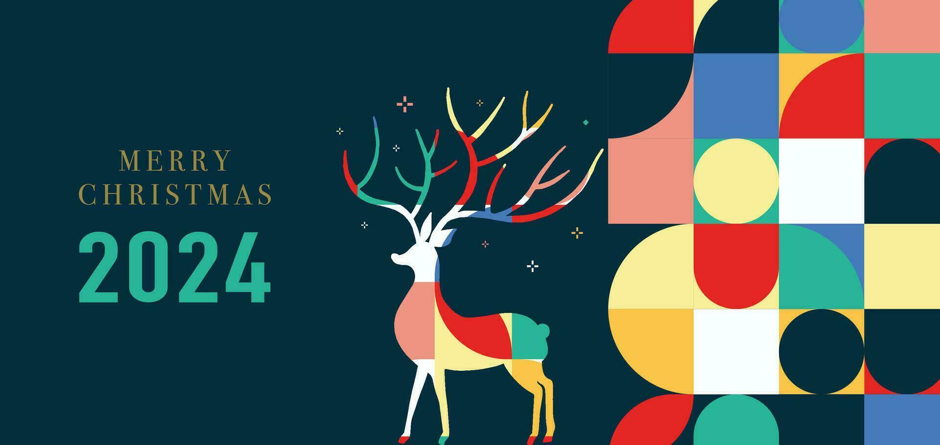 Christmas geometric banner background with christmas tree,reindeer.Editable vector illustration for postcard,horizontal size