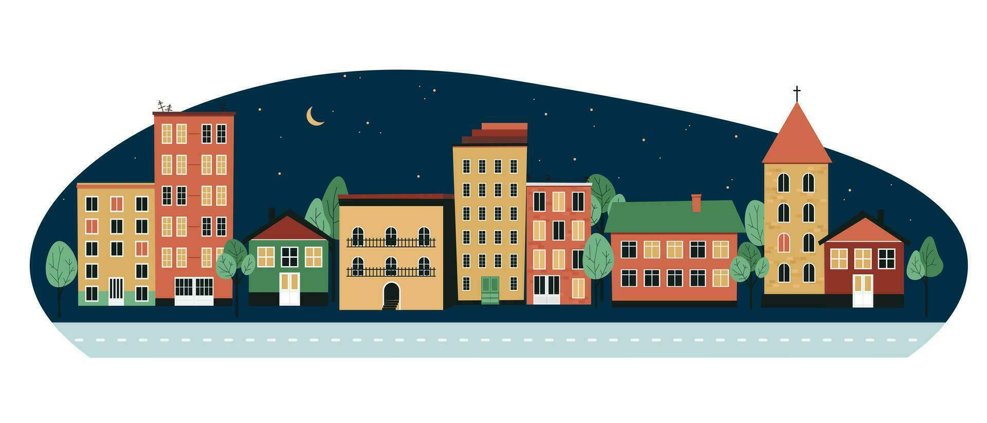 Night city, houses and buildings, trees near the roadway, starry night sky, Urban space. Vector flat illustration