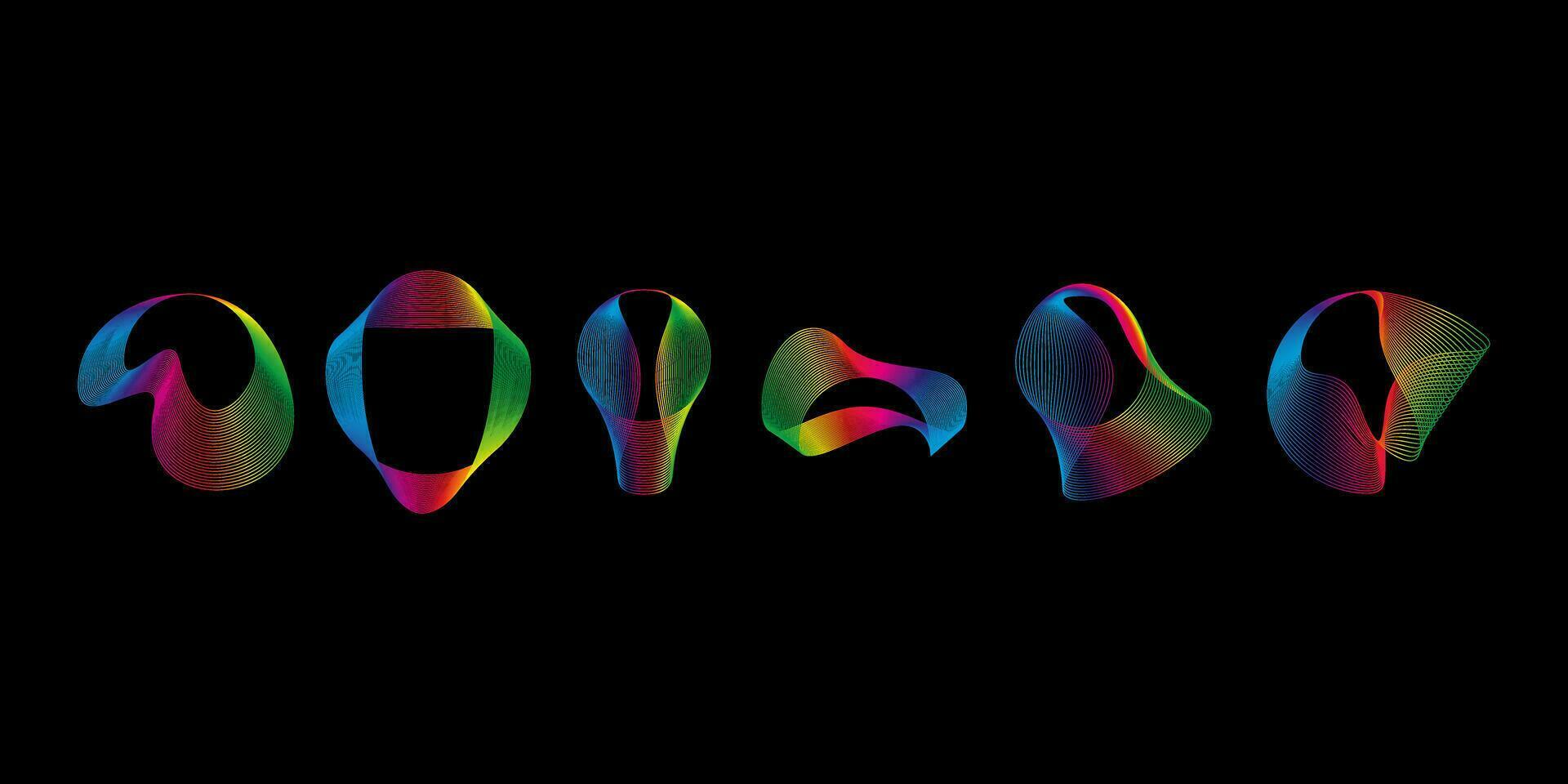 Sound smooth waves of shapes of different shapes, Set Equalizer rainbow color gradient. Vector geometric shapes isolated on black background