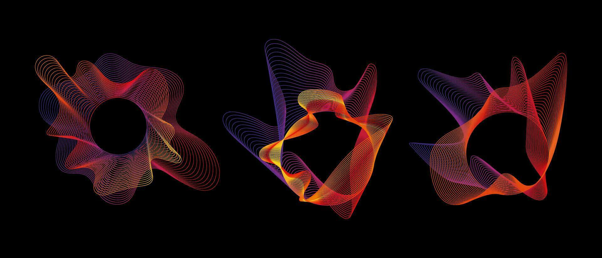 sonido suave olas de formas de diferente formas, conjunto igualada arco iris color degradado. vector geométrico formas aislado en negro antecedentes