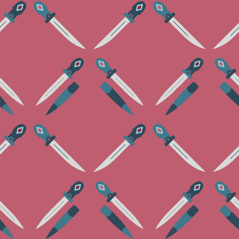Vector seamless pattern of metallic historical dagger on a pink background. Pattern with melee weapons. Minimalistic pattern with poniard