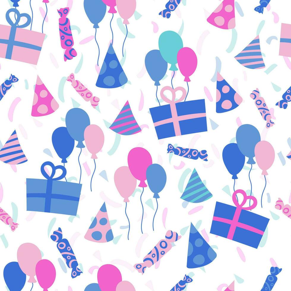 Seamless bright pattern of birthday attributes - gifts, hats, ribbon, balls. Doodle style. Vector illustration