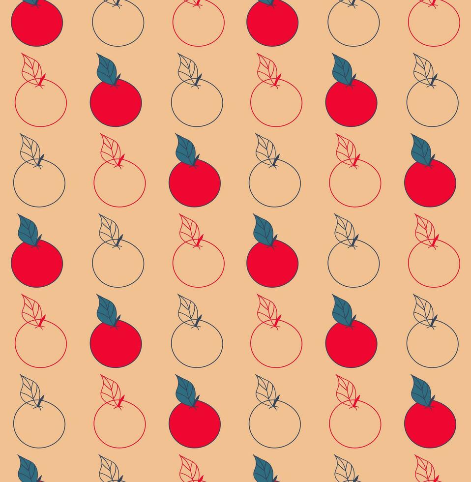 Seamless pattern of red and contour apples. Fruit pattern on an orange background. Vector illustration