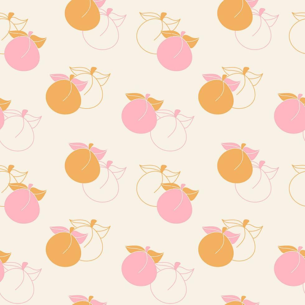 Seamless pattern of pink peaches and orange apricots on a light background. Filled and contoured fruits. Vector illustration