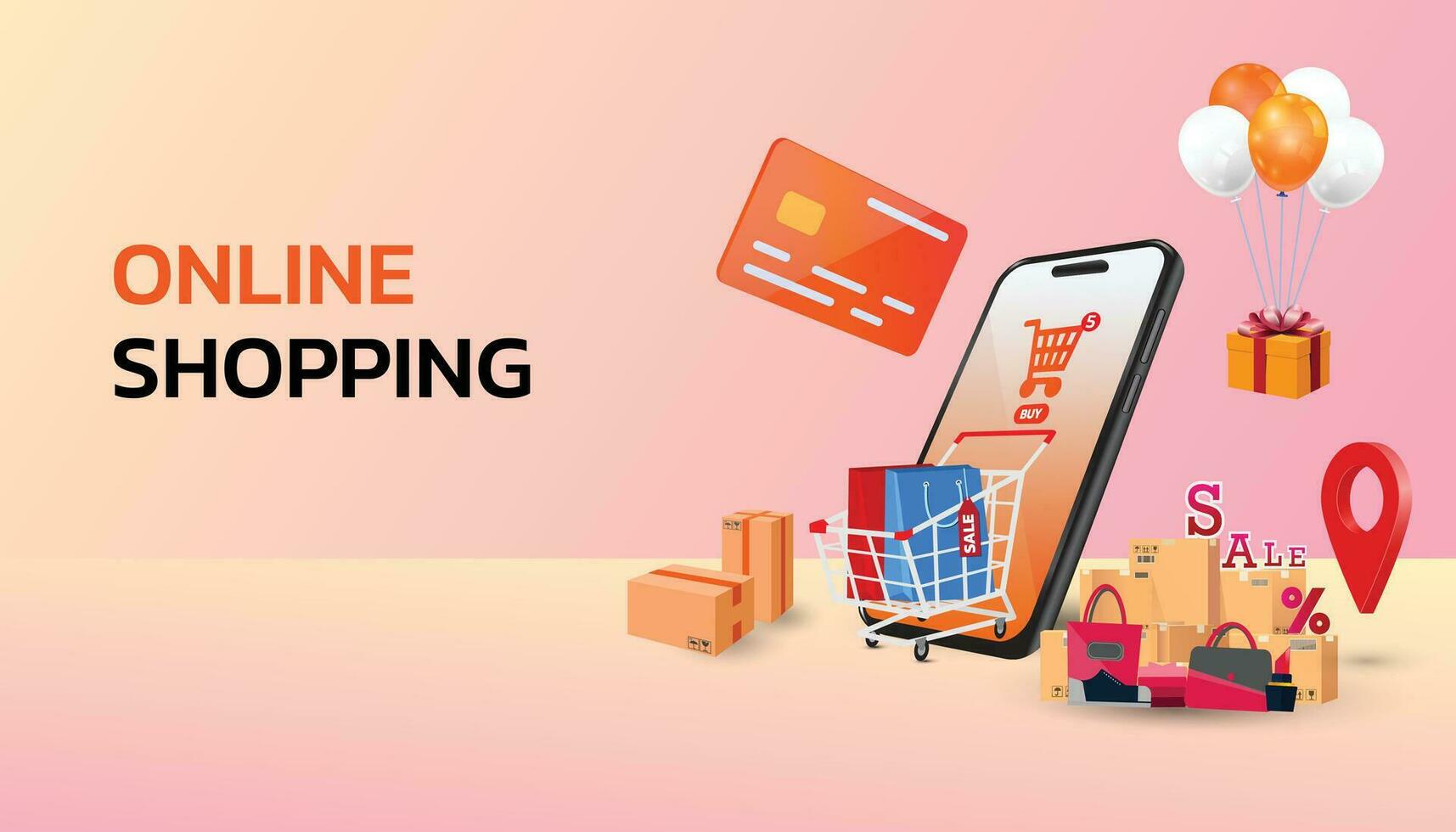 online shopping concept, e-commerce, flash sale, discount, payment cashless, digital, flat illustration vector, the concept of online shopping on social media app, Shopping Online on Website or Mobile vector