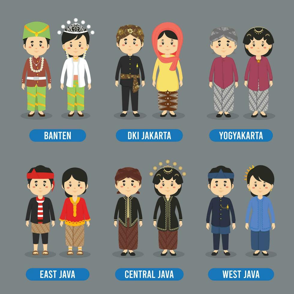 A collection of characters from Javanese Province, Indonesia wearing traditional clothes vector