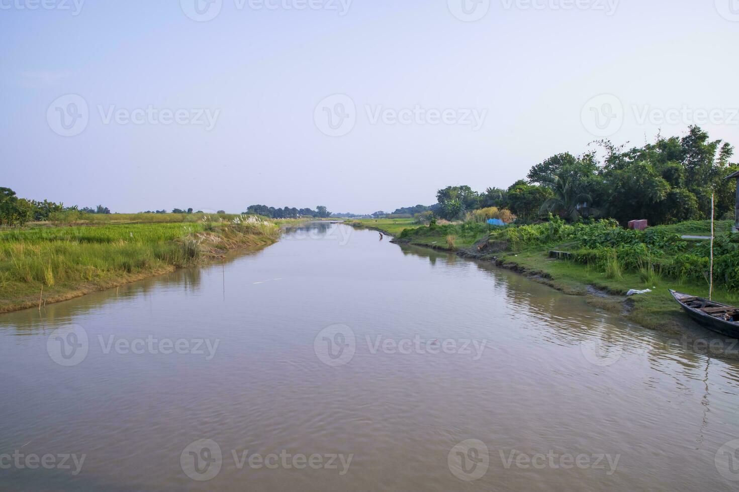 Canal with green grass and vegetation reflected in the water near Padma River in Bangladesh photo