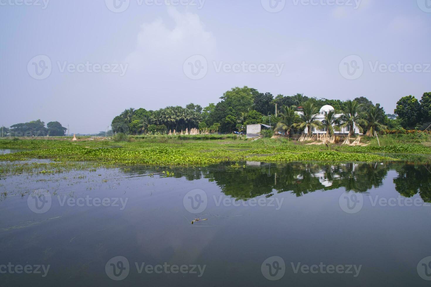 Reflection of trees in the lake water against the blue sky landscape countryside in Bangladesh photo