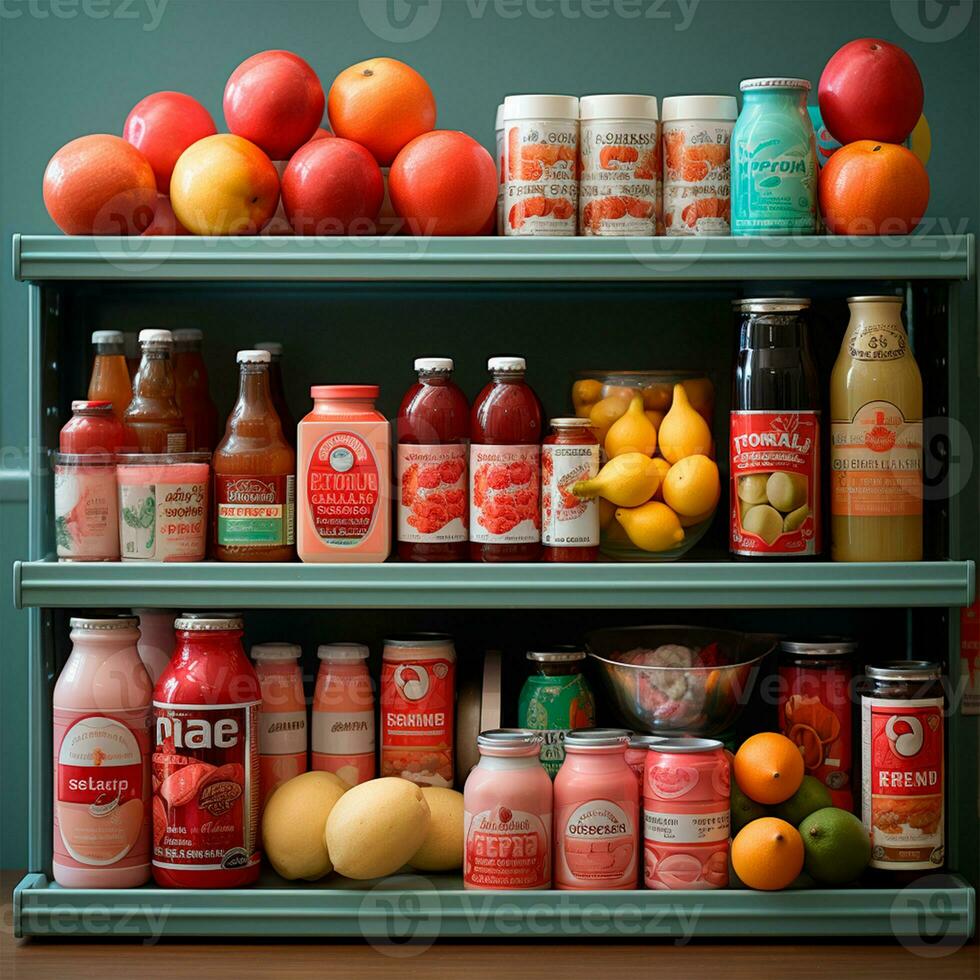 Grocery store, fruit counter, juice drinks close-up - AI generated image photo