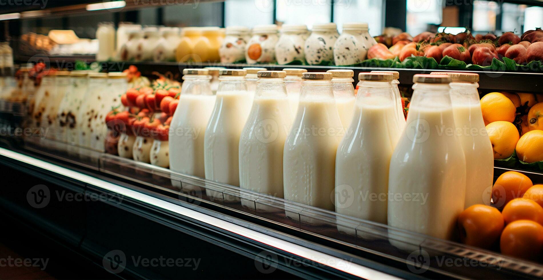 Milk, kefir, dairy products in a store, refrigerated display case in a supermarket - AI generated image photo