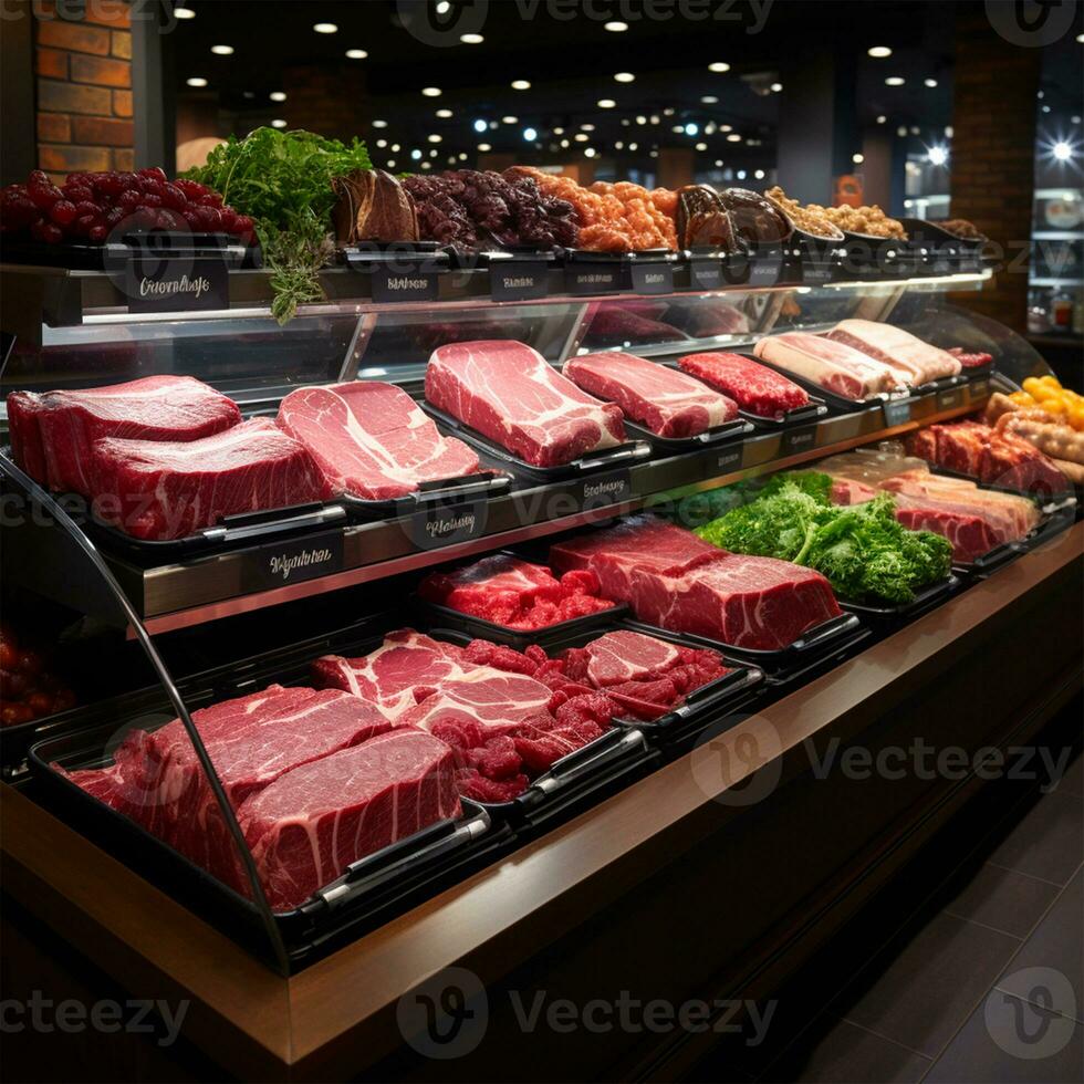 Fresh meat products, beef, pork in the refrigerator on display in a supermarket, healthy eating - AI generated image photo