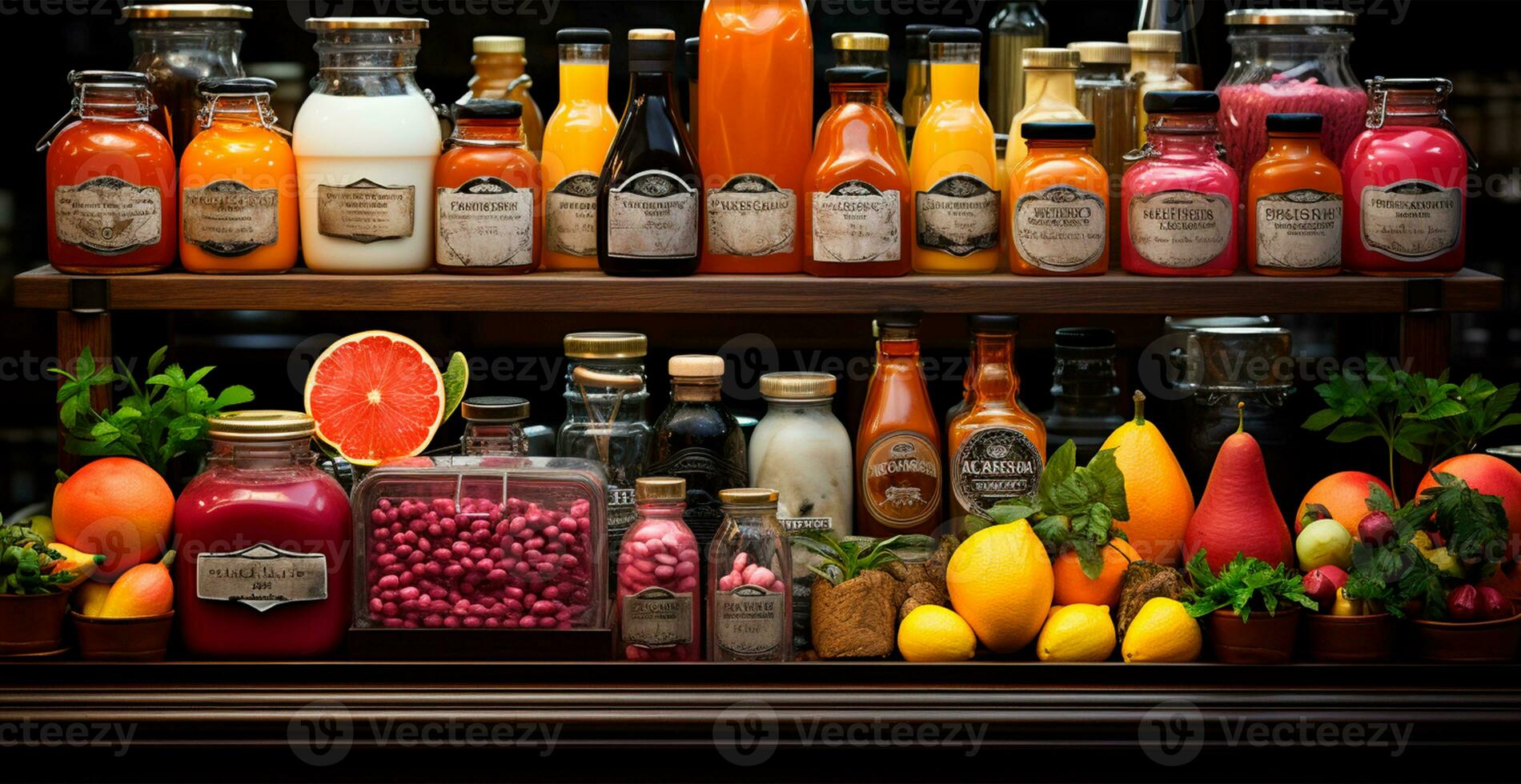Grocery store, fruit counter, drinks, juices, jams on display in a supermarket - AI generated image photo