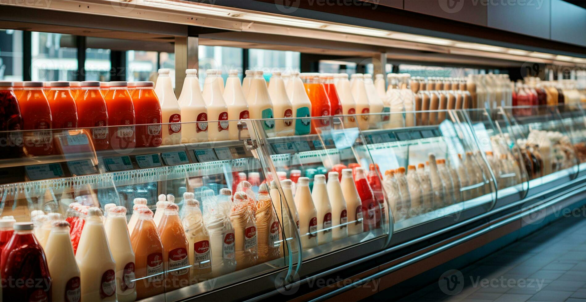Milk, kefir, dairy products in a store, refrigerated display case in a supermarket - AI generated image photo