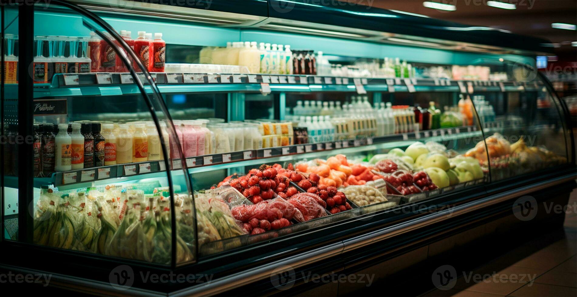 Grocery store, fruit counter, juice drinks close-up - AI generated image photo