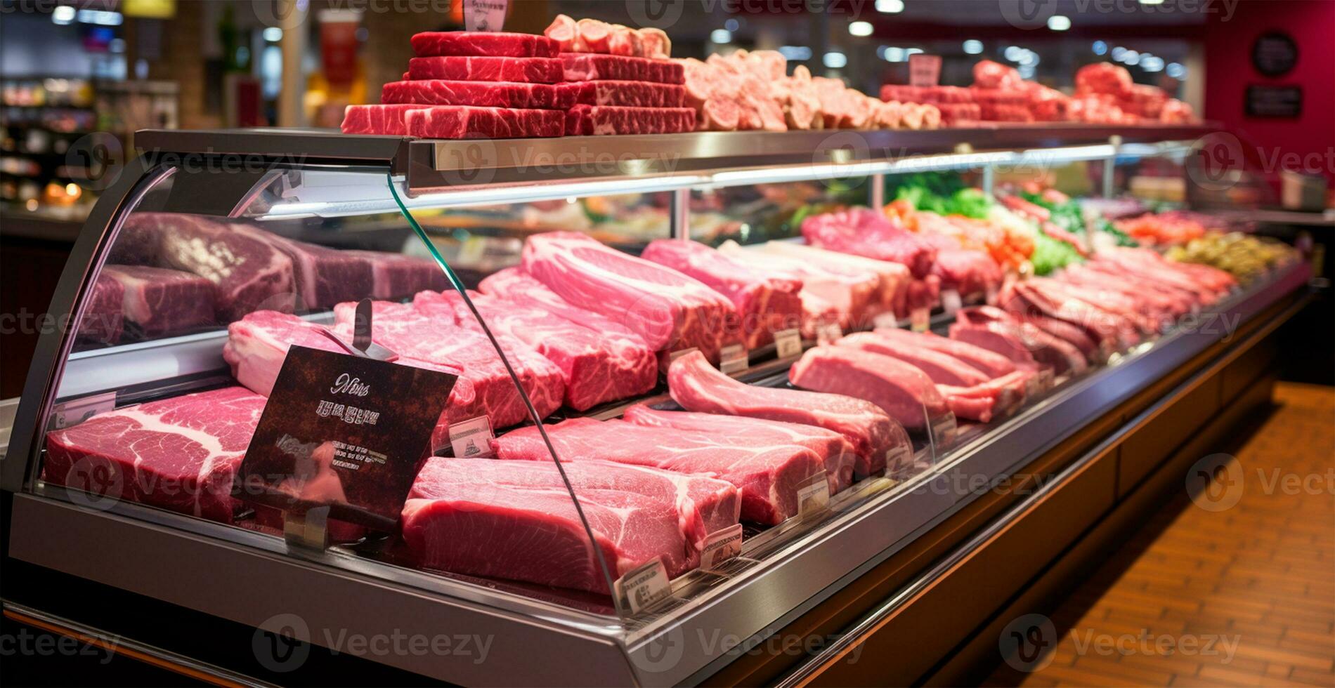 Shop window for red raw meat, beef, pork, chicken. Diet food. Meat supermarket - AI generated image photo