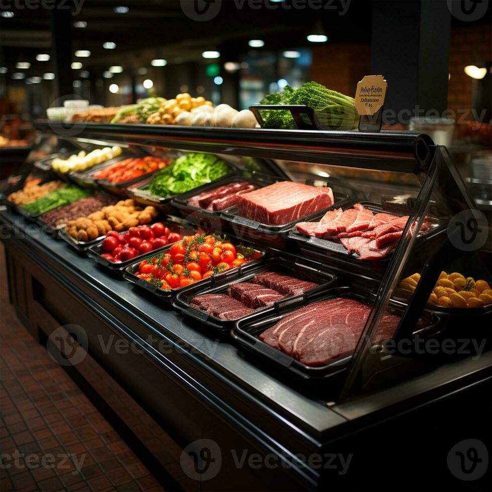 Fresh meat products, beef, pork in the refrigerator on display in a supermarket, healthy eating - AI generated image photo