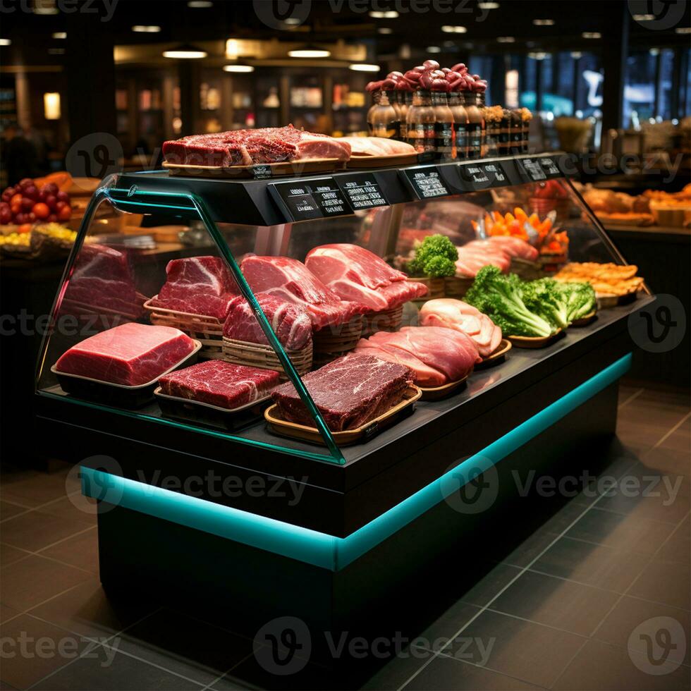 Fresh meat products, beef, pork in the refrigerator on display in a supermarket, healthy eating - AI generated image photo